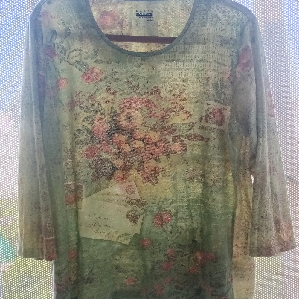 Basic Editions Green Floral Print Long Sleeve Blouse - Picture 10 of 13
